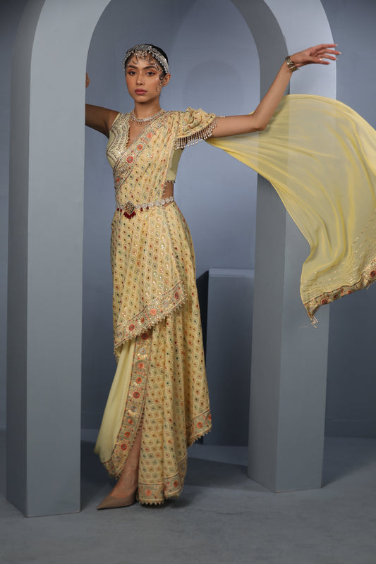 Yellow Floral Draped Saree