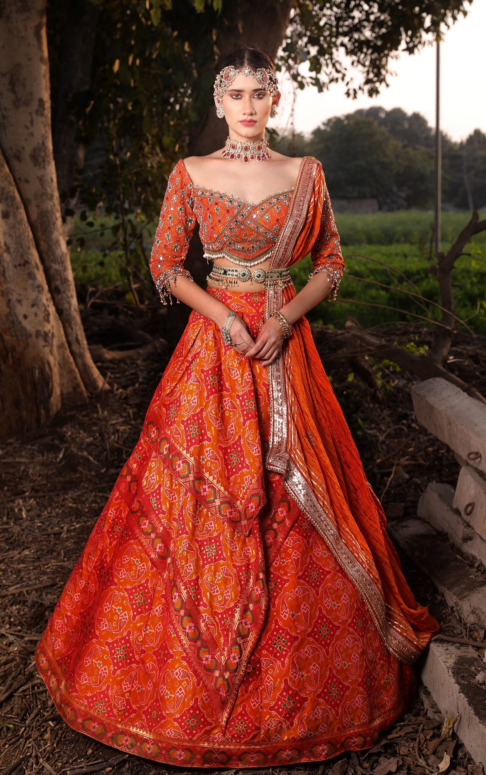 Women's Orange Embroidered Lehenga Set