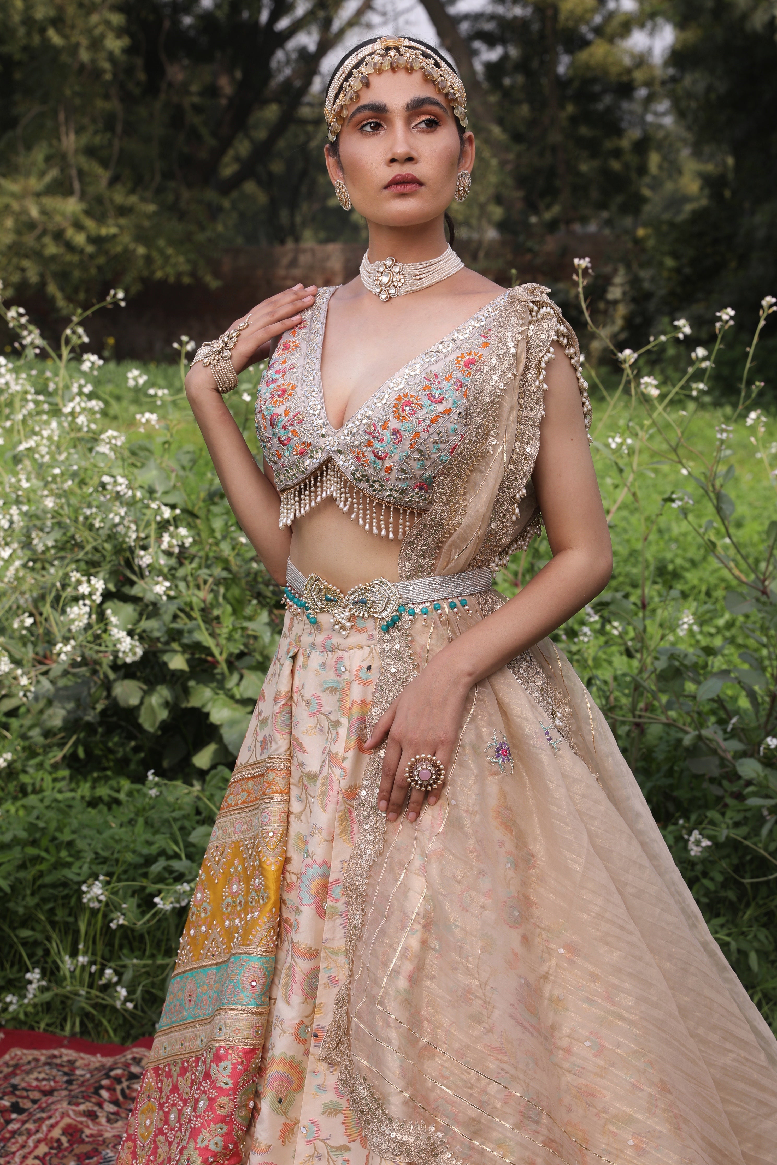 Women's Ivory Floral Banarasi Lehenga Set