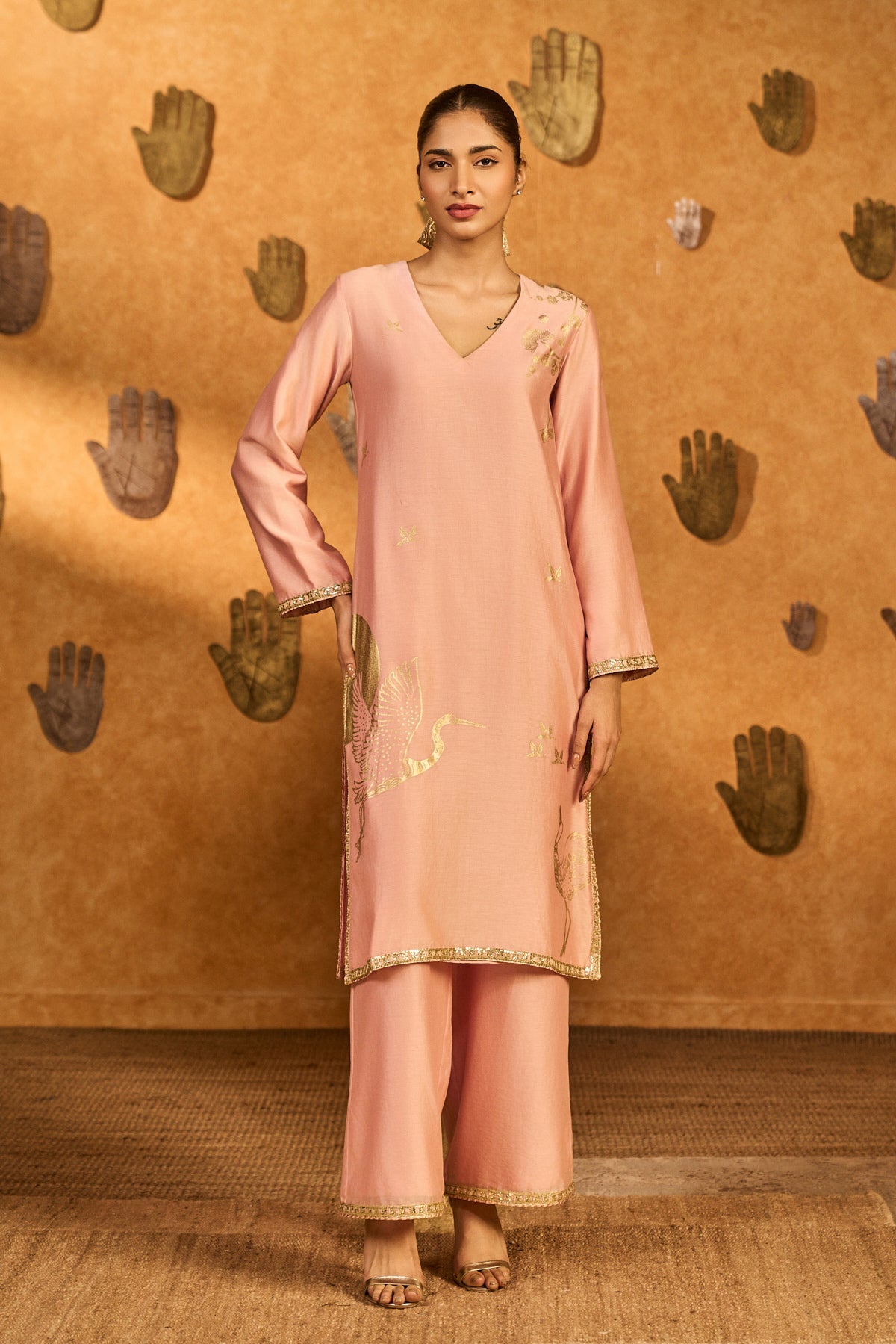 Baby Pink Chanderi Crane Dawn Foil Print Kurta Set
