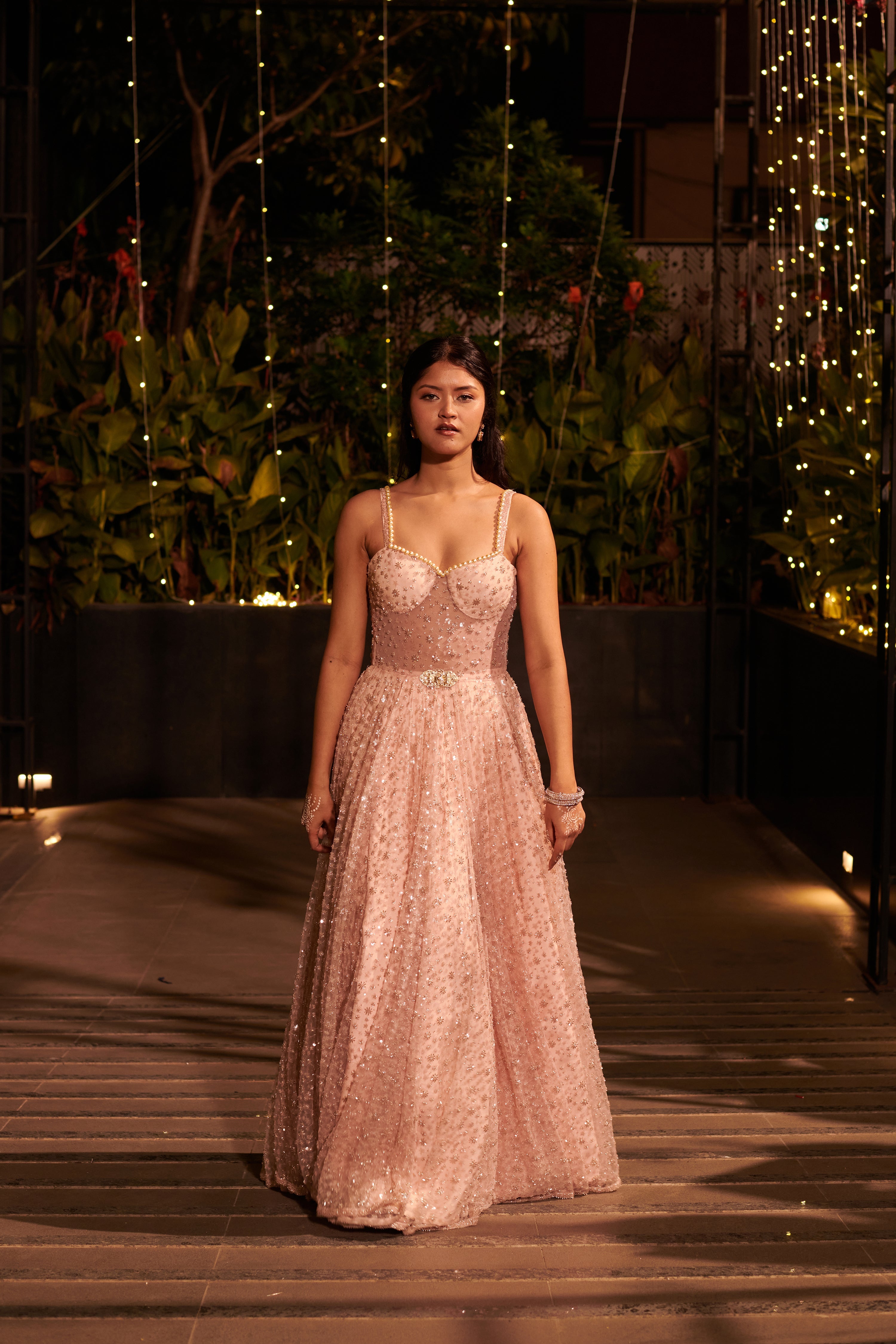 Baby Pink Net Sleeveless Gown