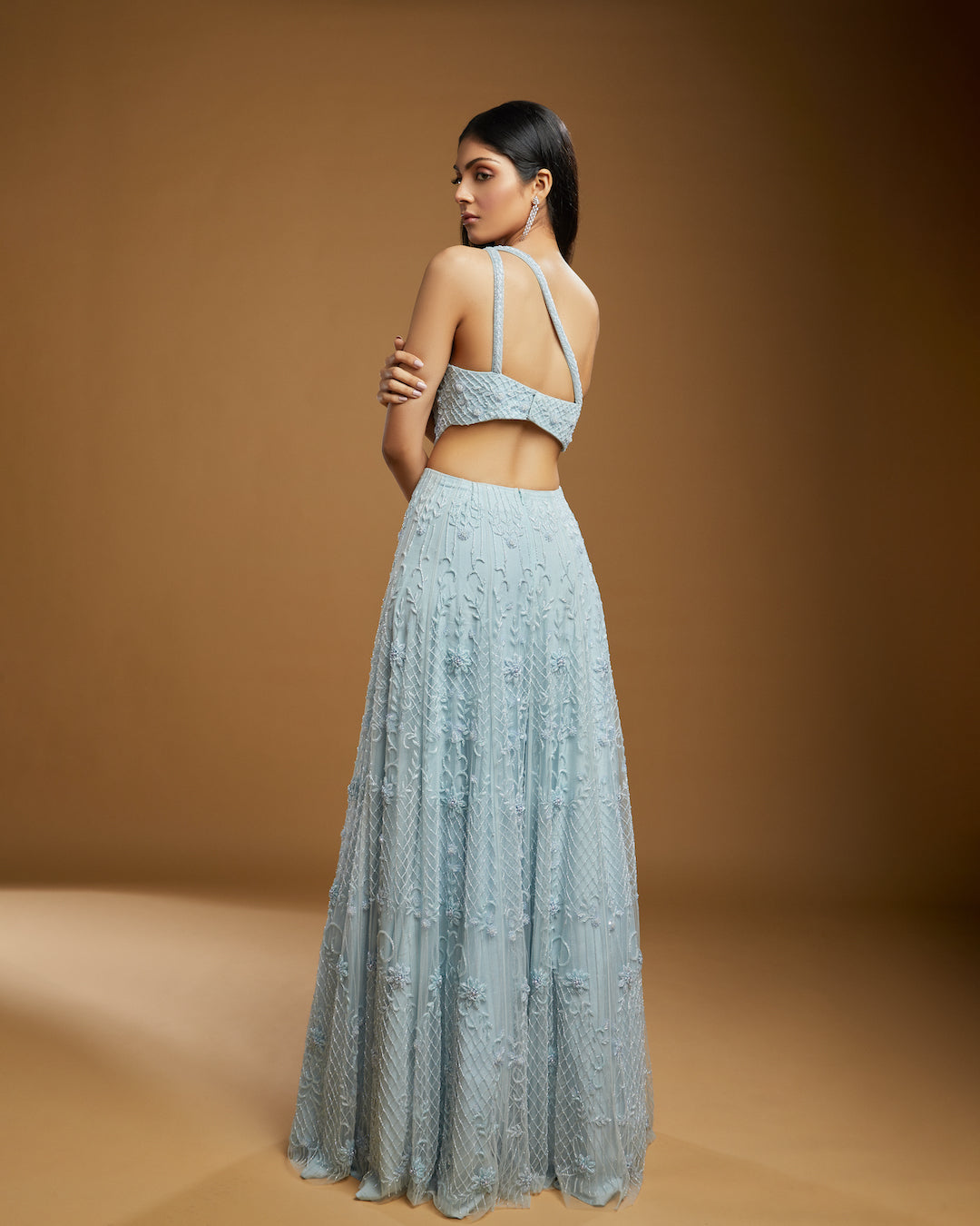 Back View of Ice Blue Net Alexia One Shoulder Gown