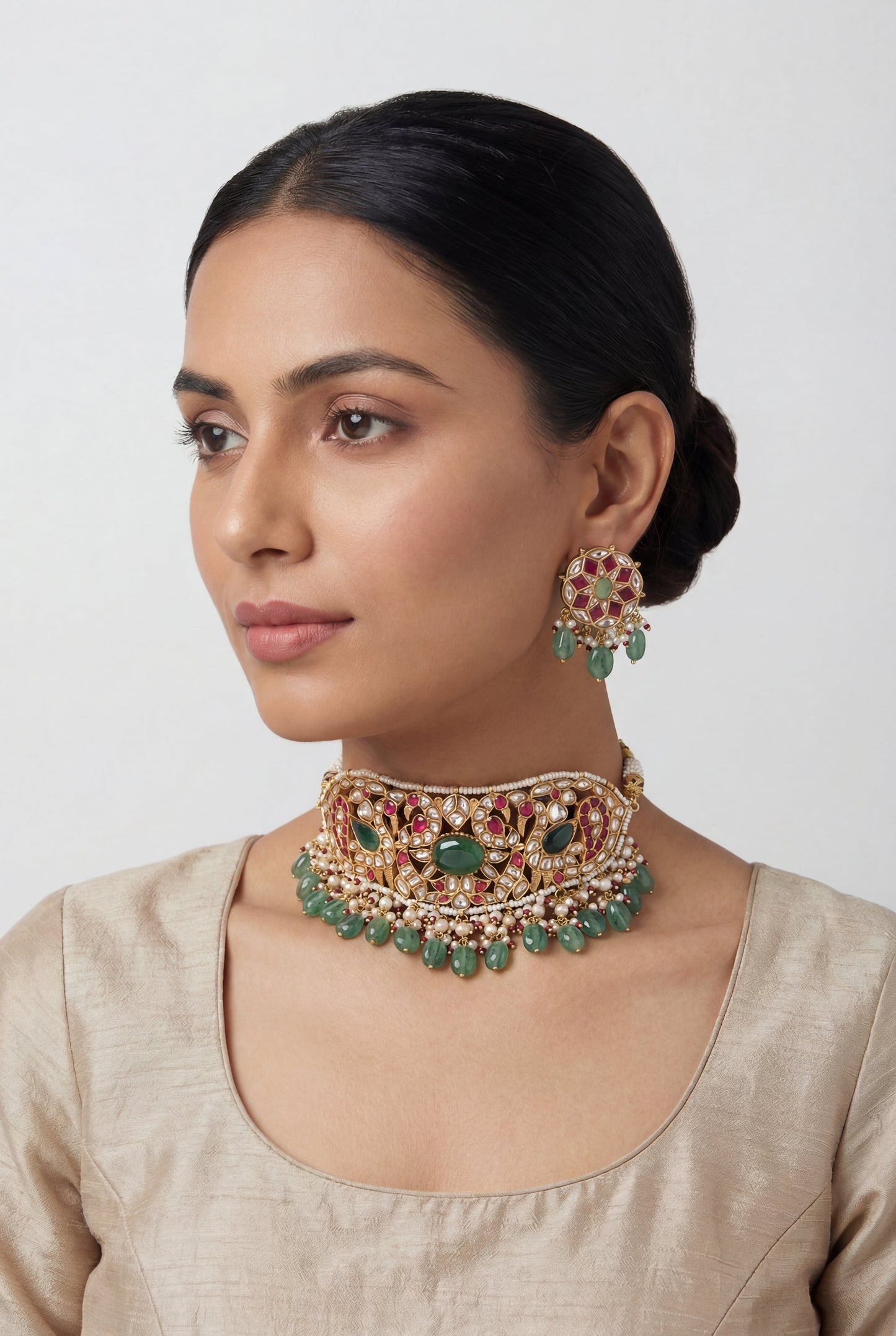 Sumeera Pink Green Pearls Kundan Choker