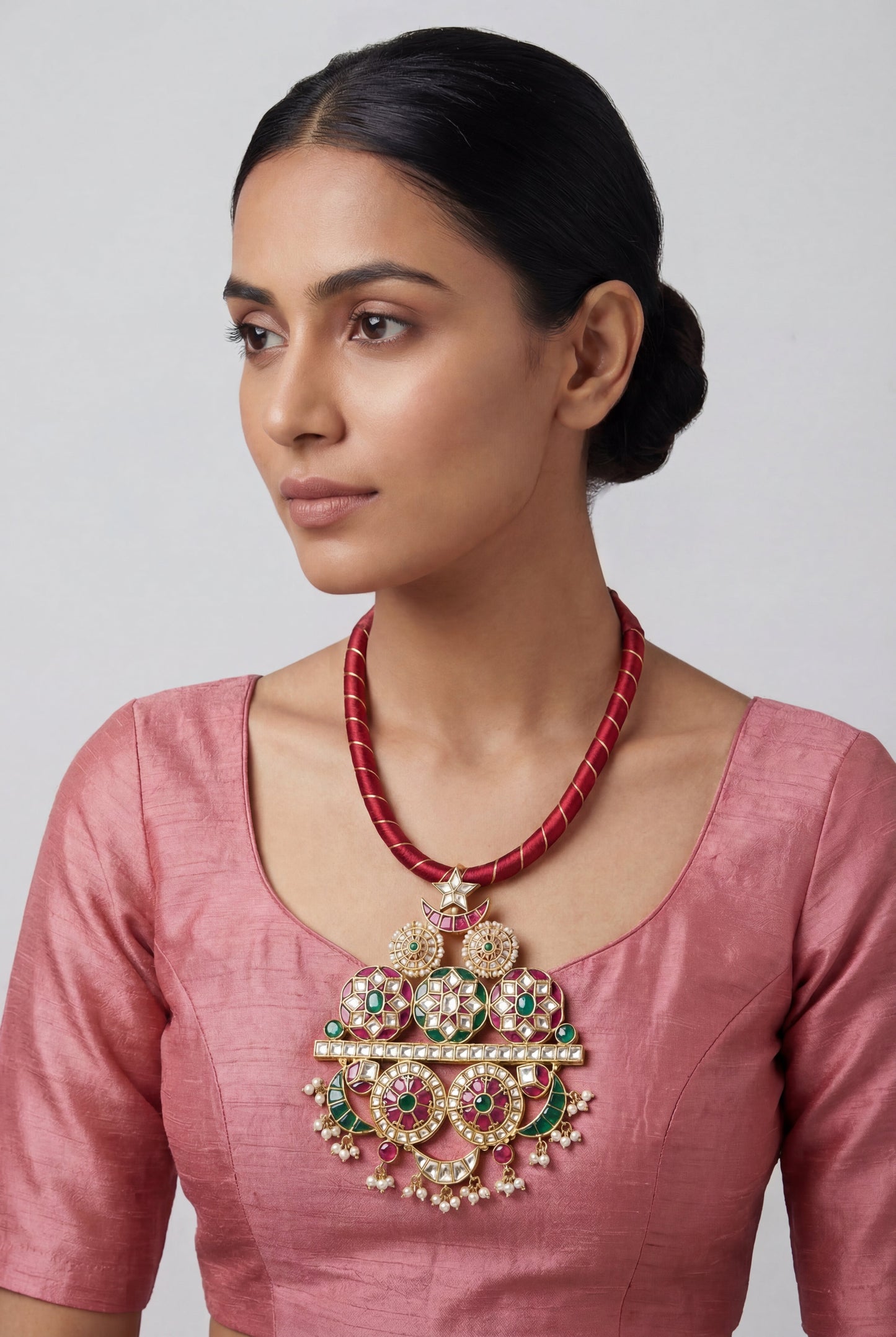 Avira Pink Green Kundan Necklace Set