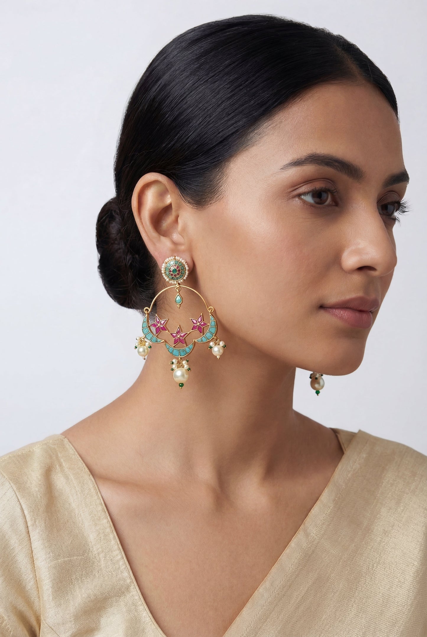 Sitara Blue Pink Kundan Chandbalis