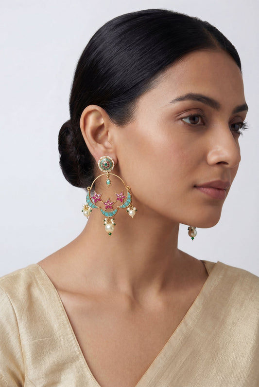 Sitara Blue Pink Kundan Chandbalis
