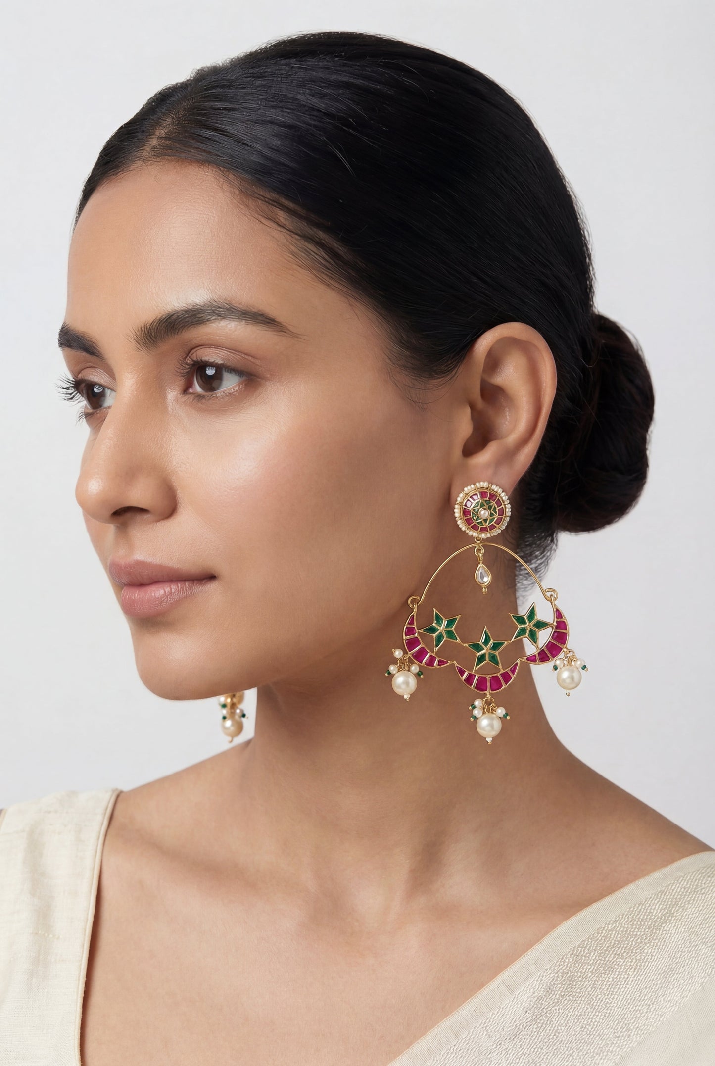 Sitara Pink Green Kundan Chandbalis