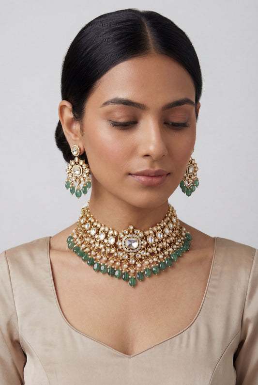 Vasura Green Gold Finish Moissanite Necklace Set