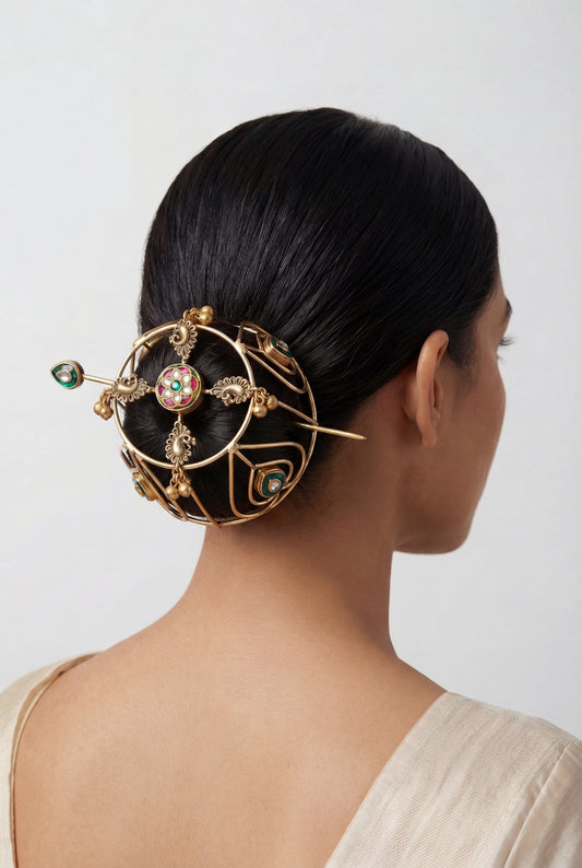 Kritya Pink Green Kundan Hair Bun Cage