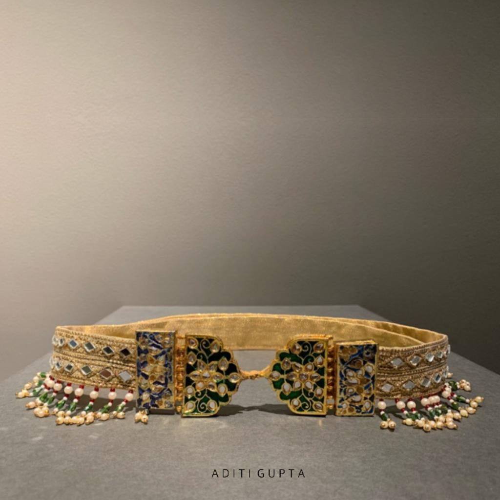Women's Green and Blue Jarokha Meenakari Belt