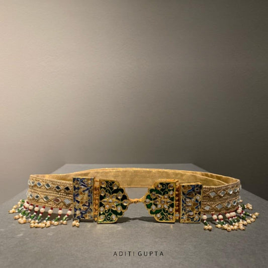 Women's Green and Blue Jarokha Meenakari Belt