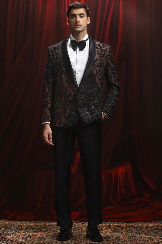 Purchase Black Crimson Eclipse Embroidered Tuxedo Set Today