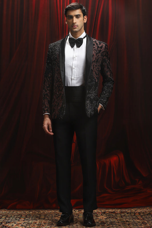 Black Crimson Eclipse Embroidered Tuxedo Set– Shop Online Now