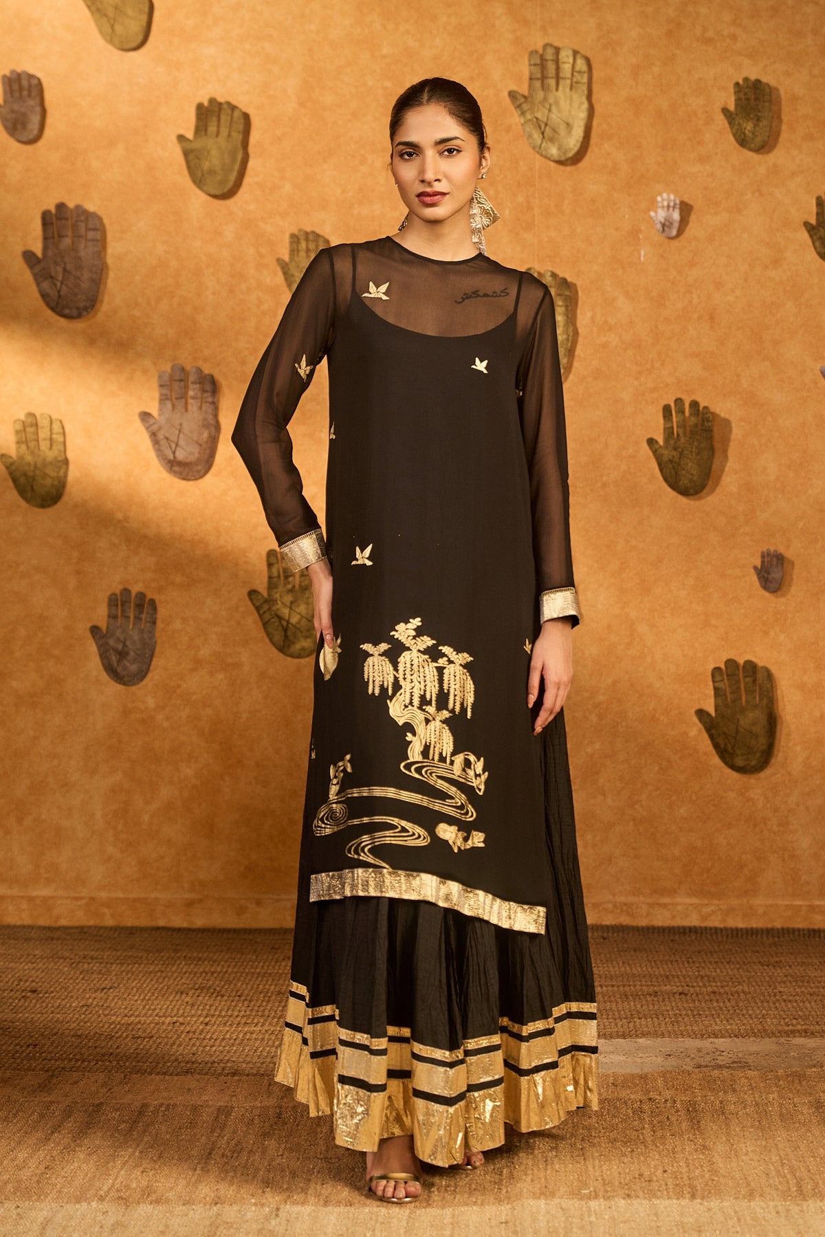 Black Georgette Silk Foil Printed Anarkali Set