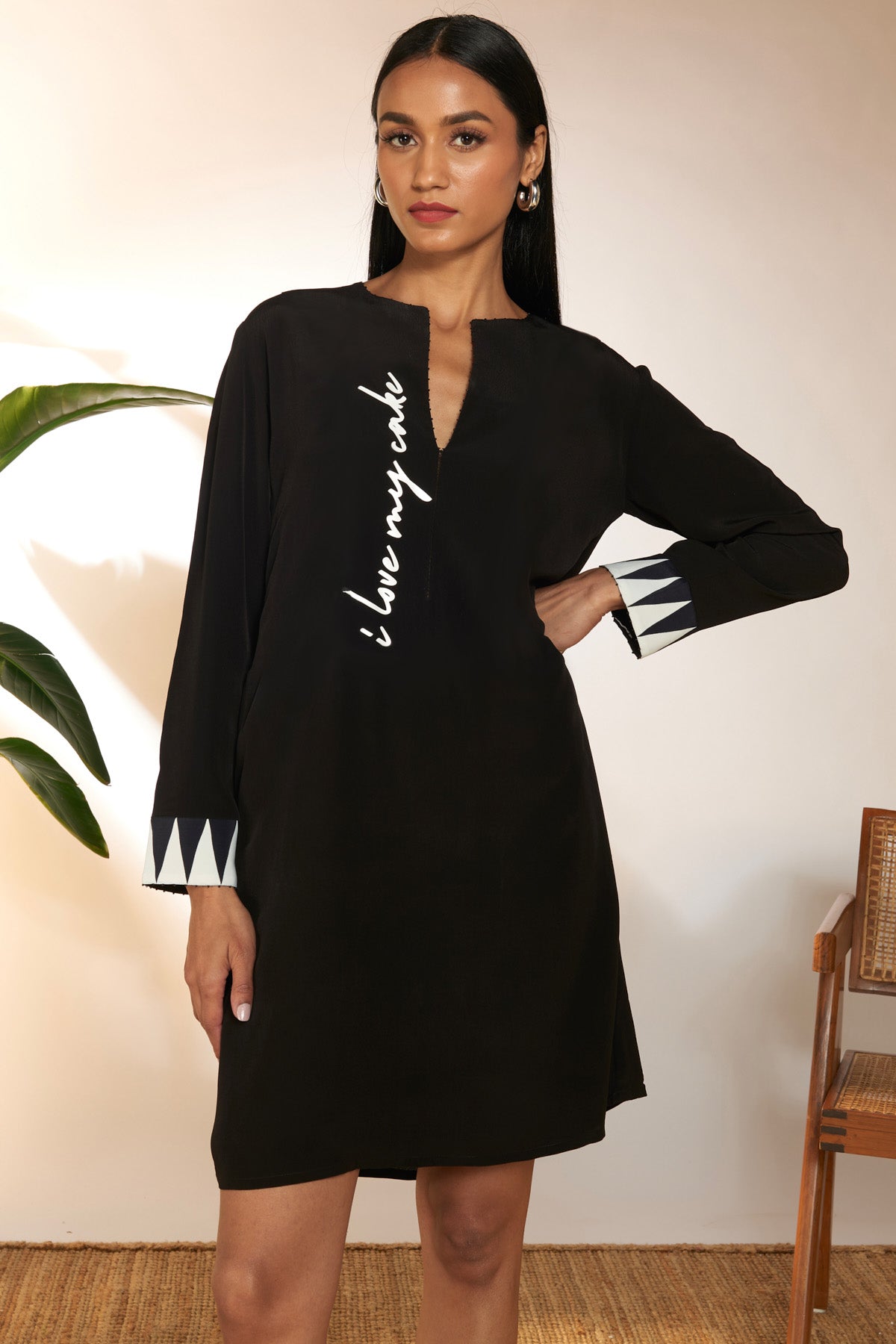 Black Long Sleeve "I Love My Cake" Slogan Midi Dress
