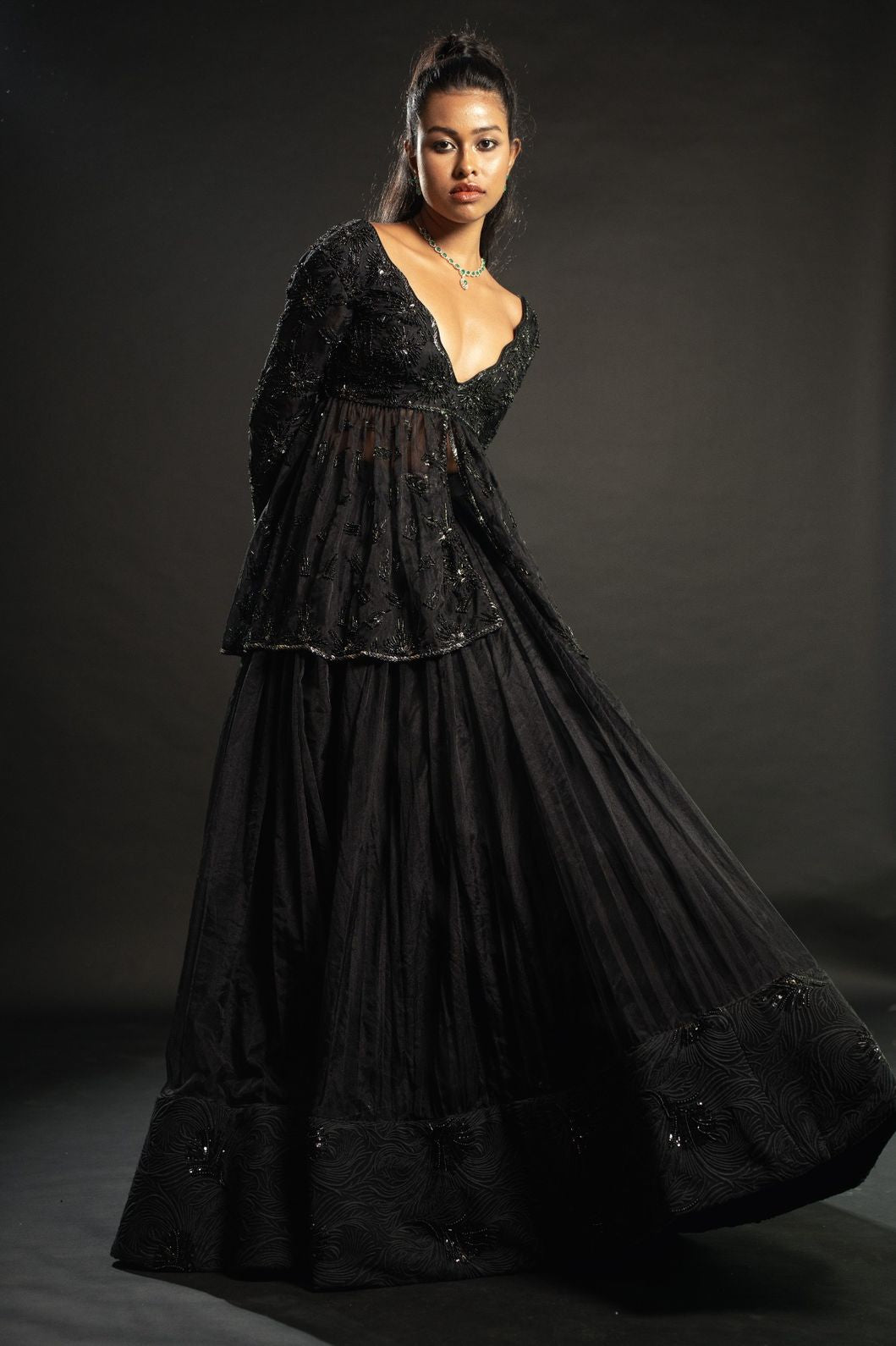 Black Peplum Organza Embroidered Kurta and Lehenga Set