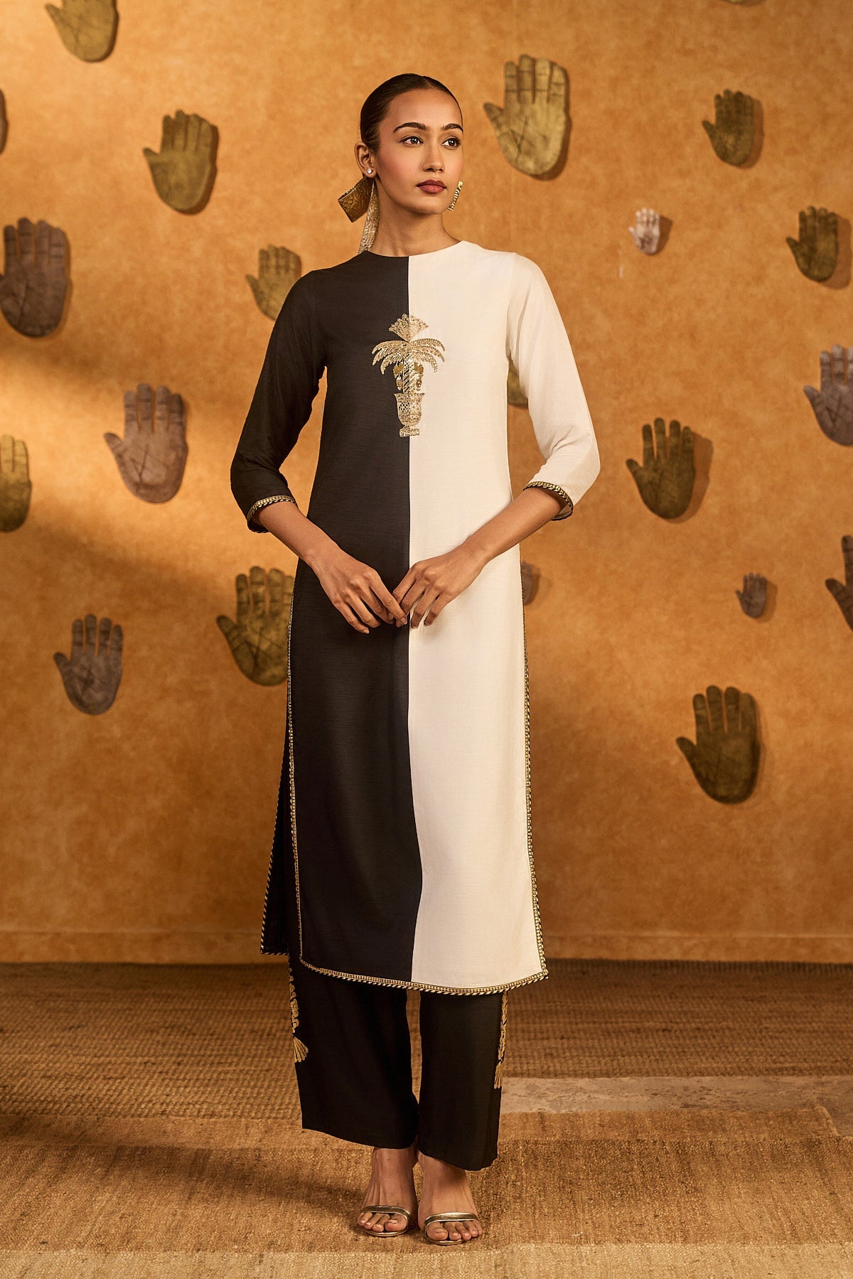 Black Raw Silk Cherry Vine Foil Print & Embroidered Kurta Set