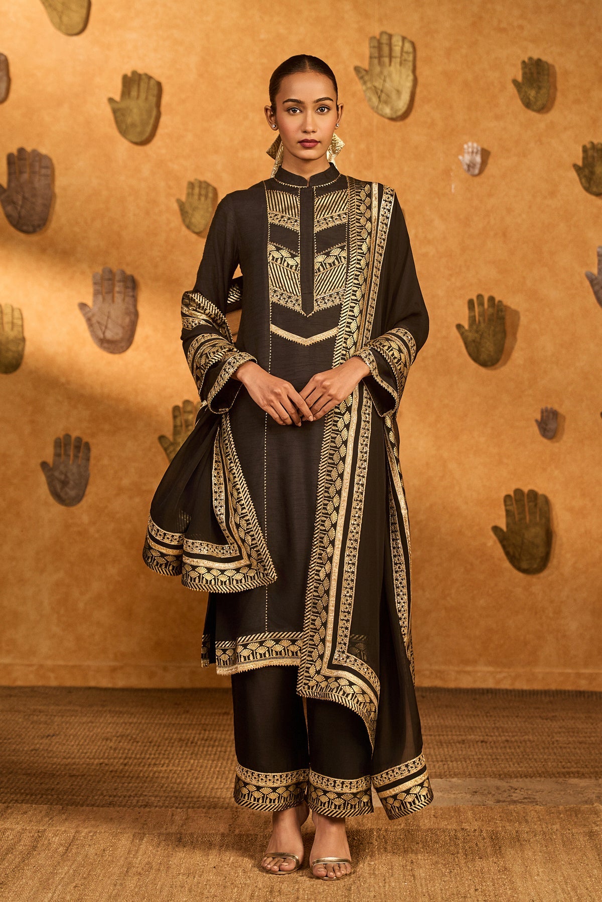 Black Silk Foil Printed Embroidered Vase Culotte Set