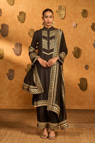 Black Silk Foil Printed Embroidered Vase Culotte Set