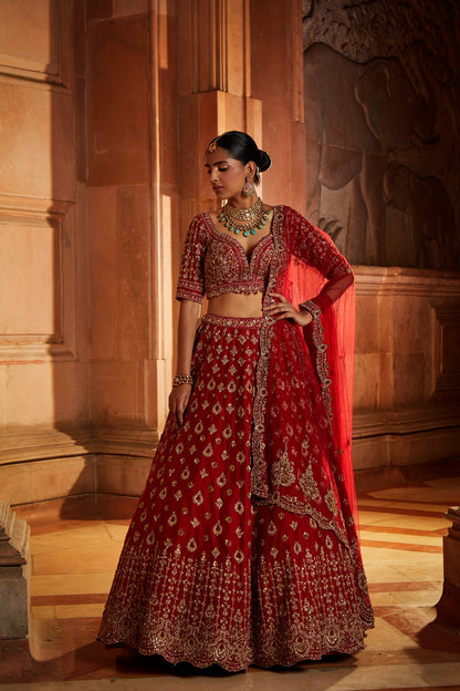 Blood Red Raw Silk Bridal Lehenga Choli Set with Tulle Dupatta