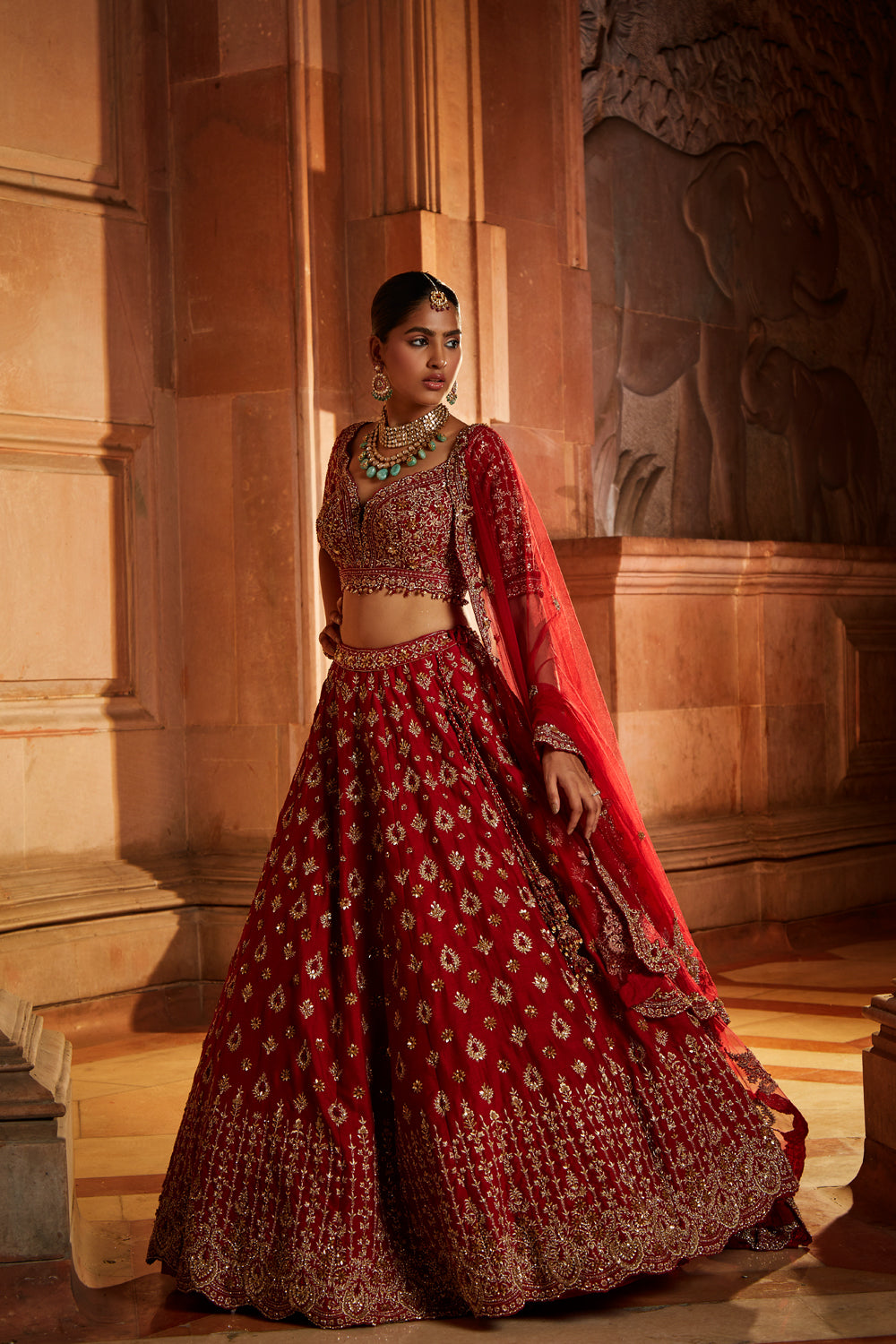 Blood Red Raw Silk Bridal Lehenga Choli Set with Tulle Dupatta