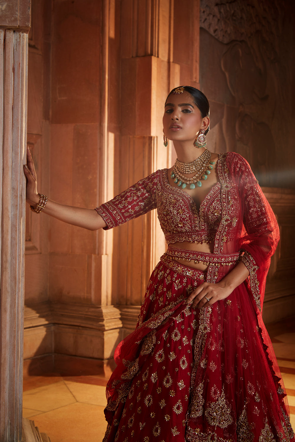 Blood Red Raw Silk Bridal Lehenga Choli Set with Tulle Dupatta