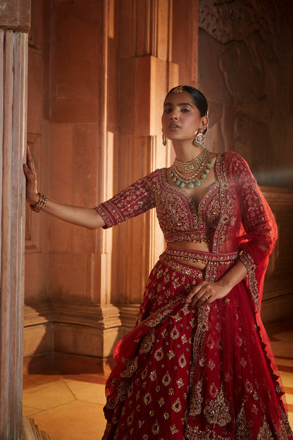 Blood Red Raw Silk Bridal Lehenga Choli Set with Tulle Dupatta