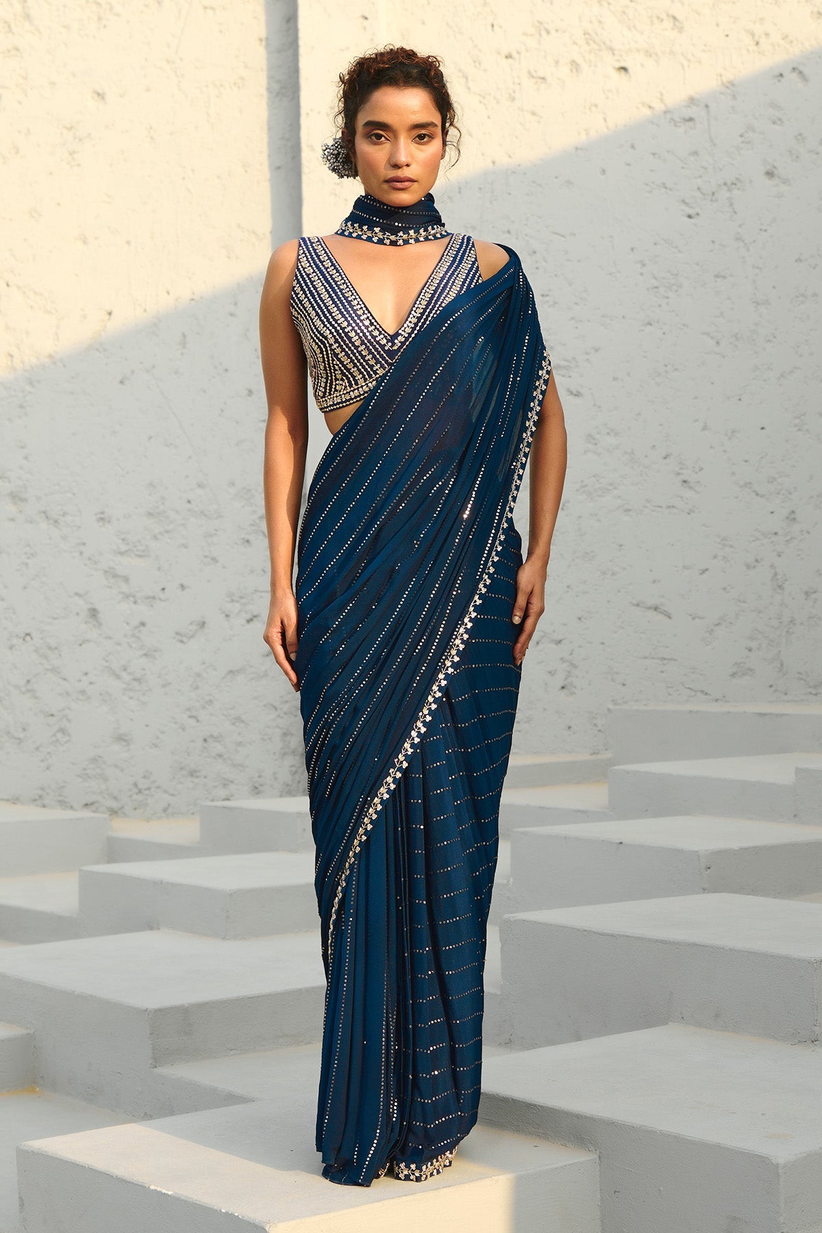Blue Georgette Silk Embroidered Pre Draped Saree