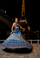 Blue Ombre Linen Silk Hand Embroidered Lehenga Set