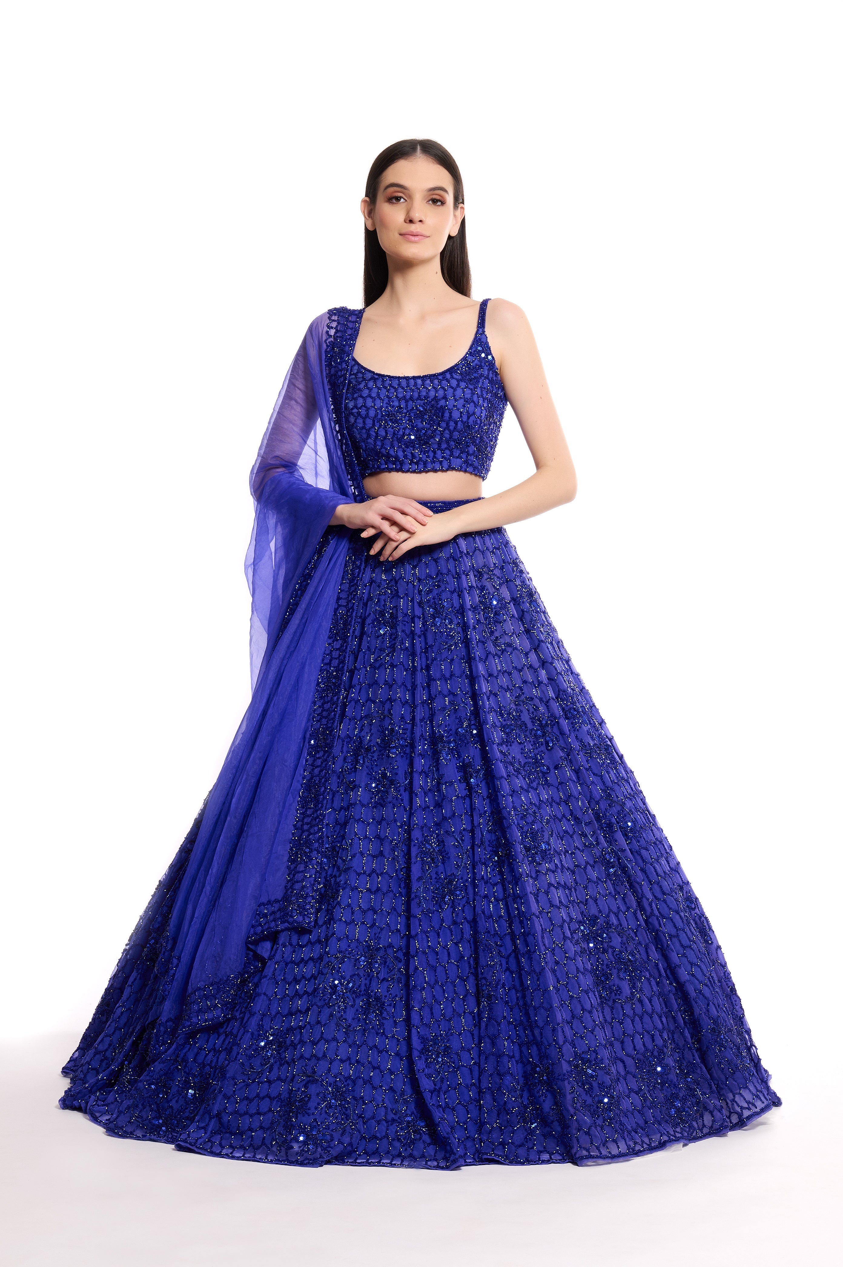 Blue Organza Electric Love Embroidered Lehenga Set