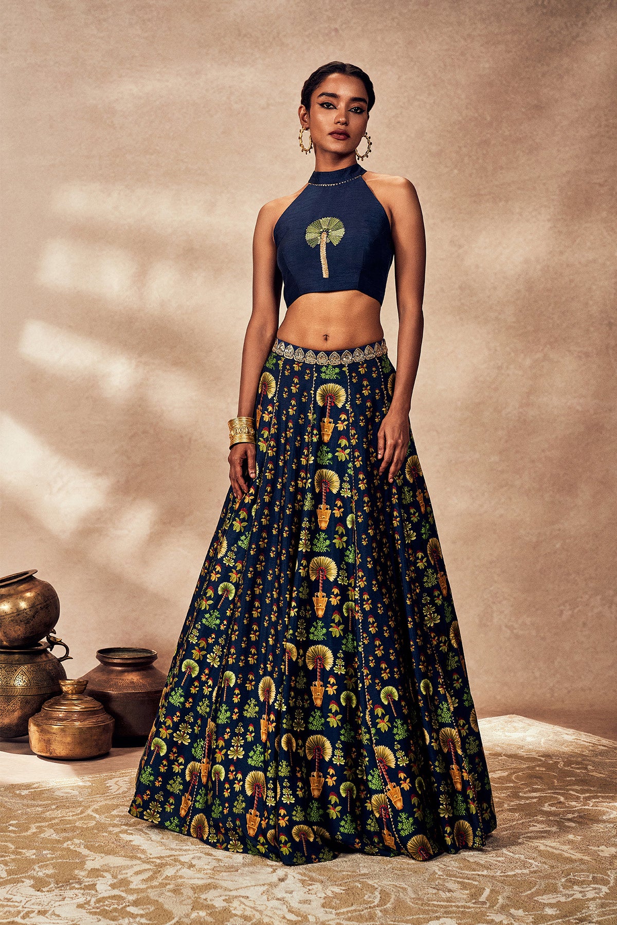 Blue Raw Silk Nomadic Tribe & Pixie Dust Lehenga Set