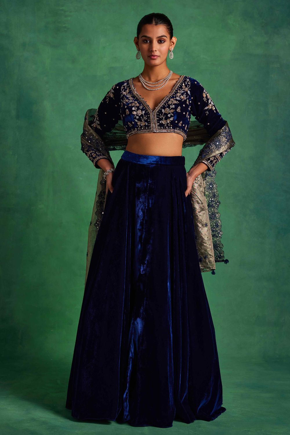 Blue Silk Velvet Embroidered Lehenga Set
