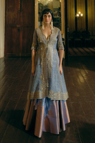 Blue Silk Zari Tissue Paisley Embroidered Kalidar Lehenga Set