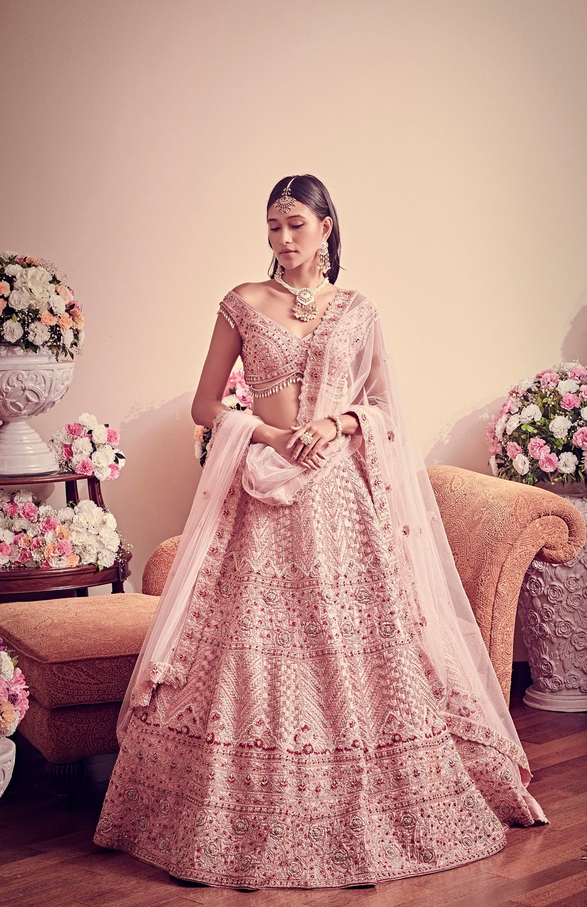 Blush Pink Raw Silk Geometric Embroidered Lehenga Set