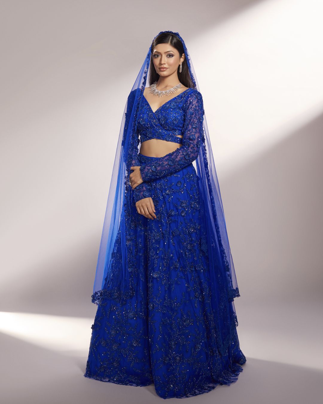 Brienne Royal Blue Net Glass Beads Embroidered Lehenga Set