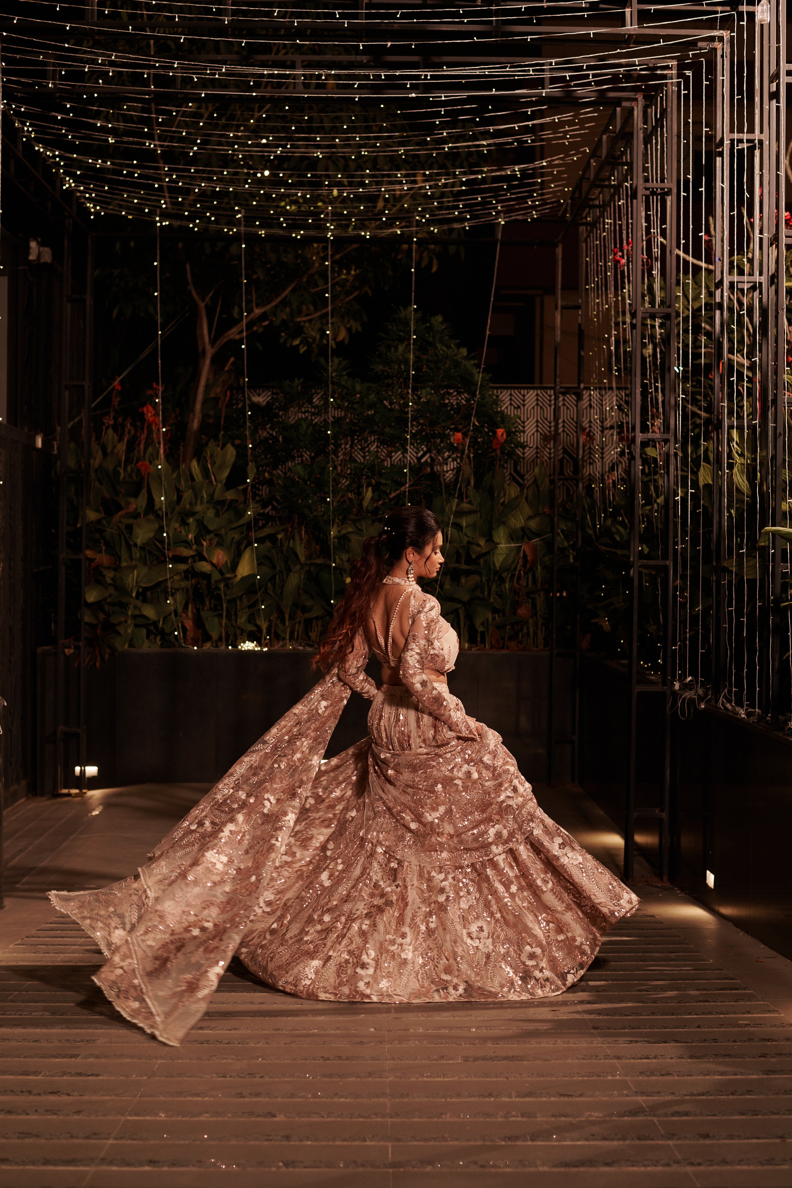 Bronze Embroidered Drape Dupatta Lehenga Set