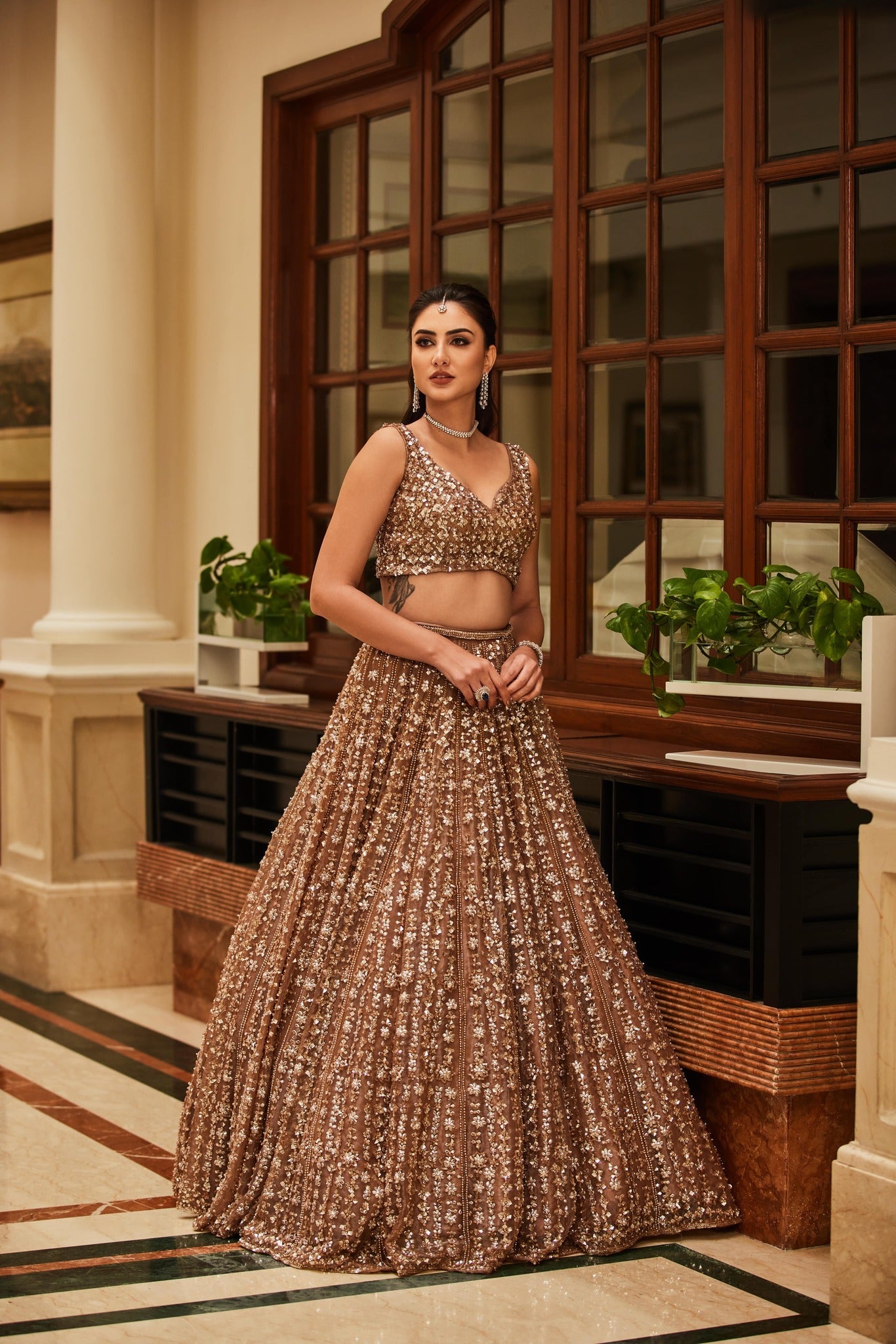 Brown Love Potion Organza Hand Embroidered 16 Kalis Lehenga