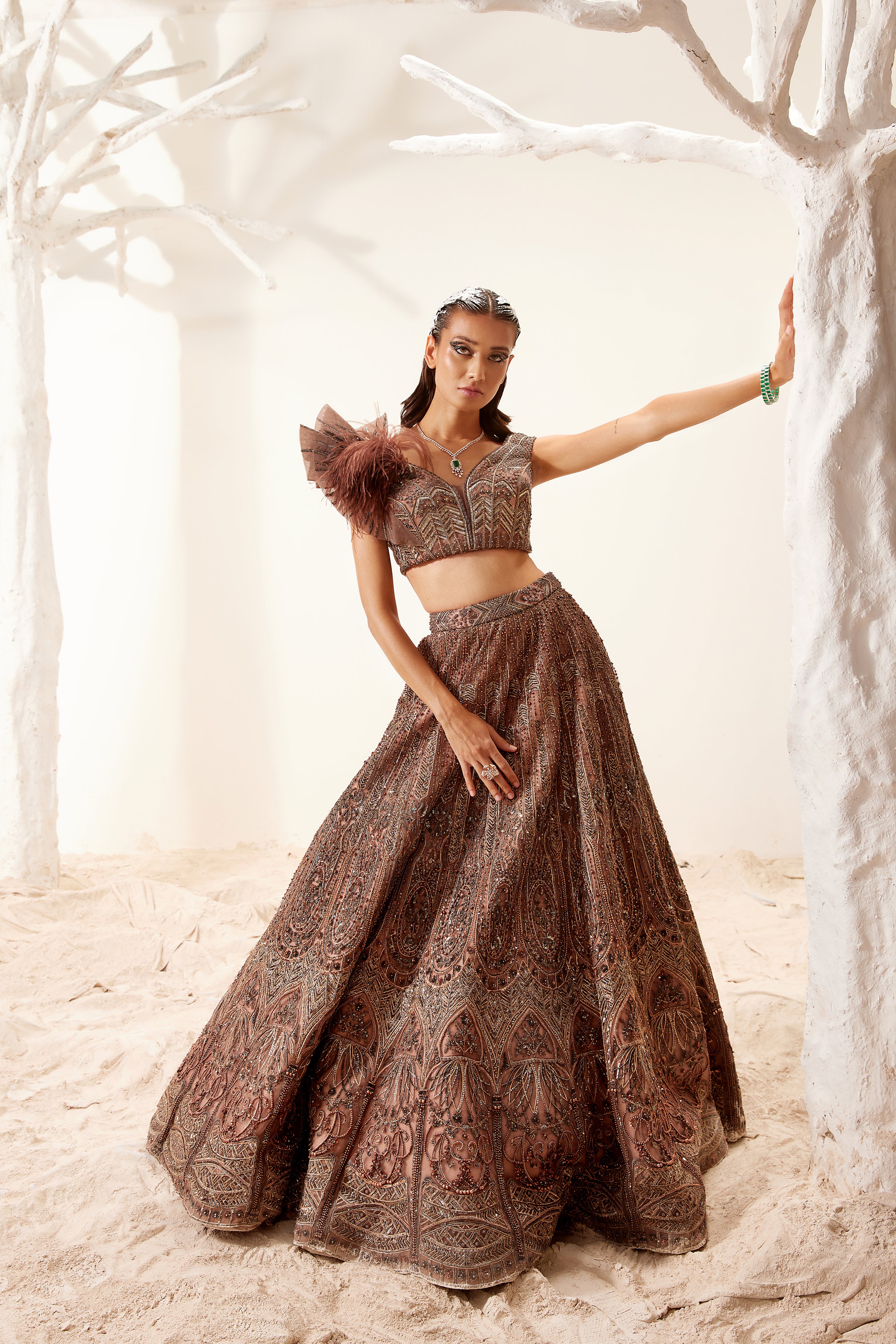 Brown Morris Satin Lehenga with Feather Shoulder Blouse