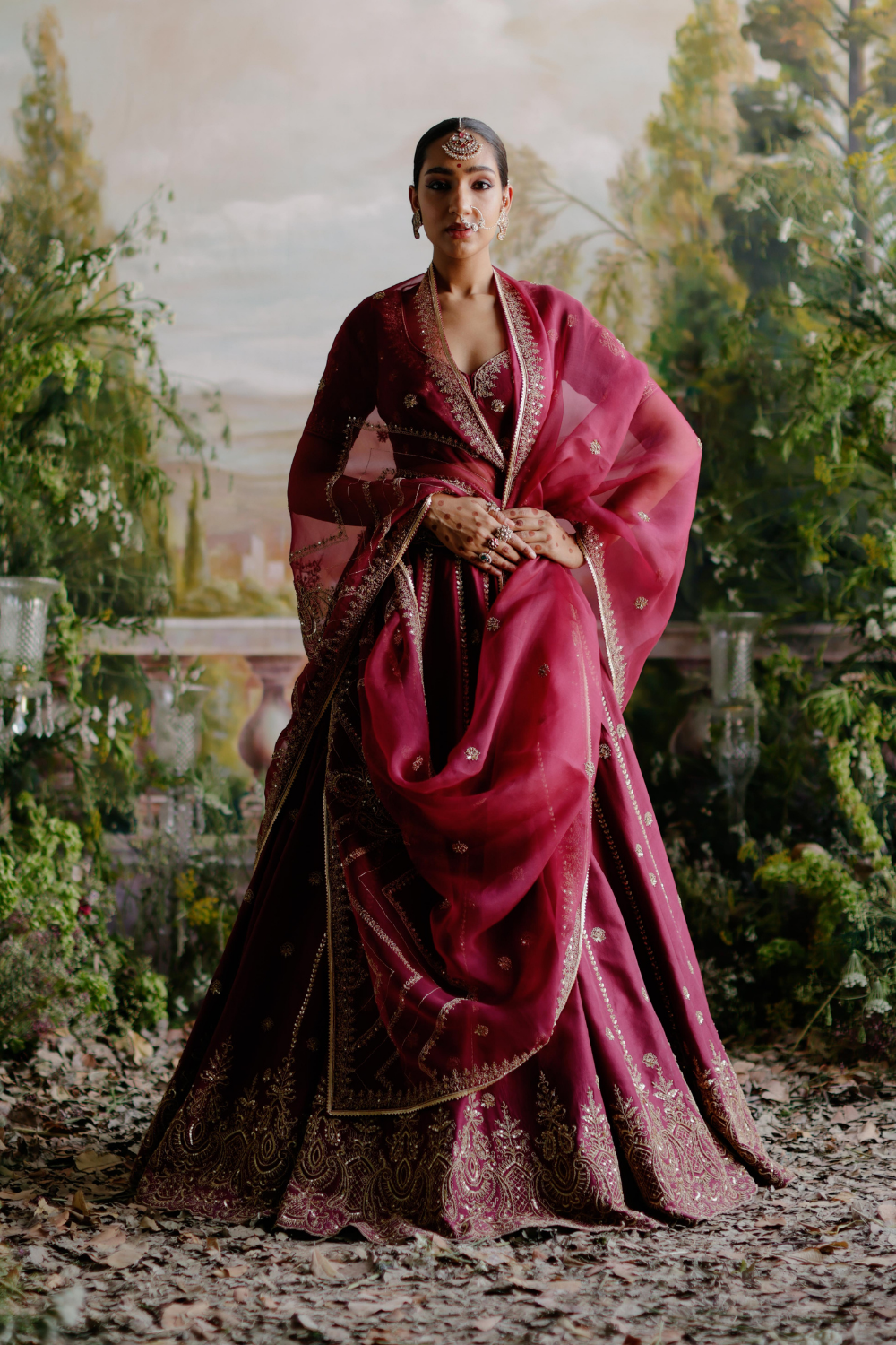 Burgundy Dupion Silk Begum Lehenga Set with Embroidered Organza Dupatta