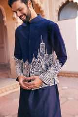 Navy Abstract Design Embroidered Bundi Set 