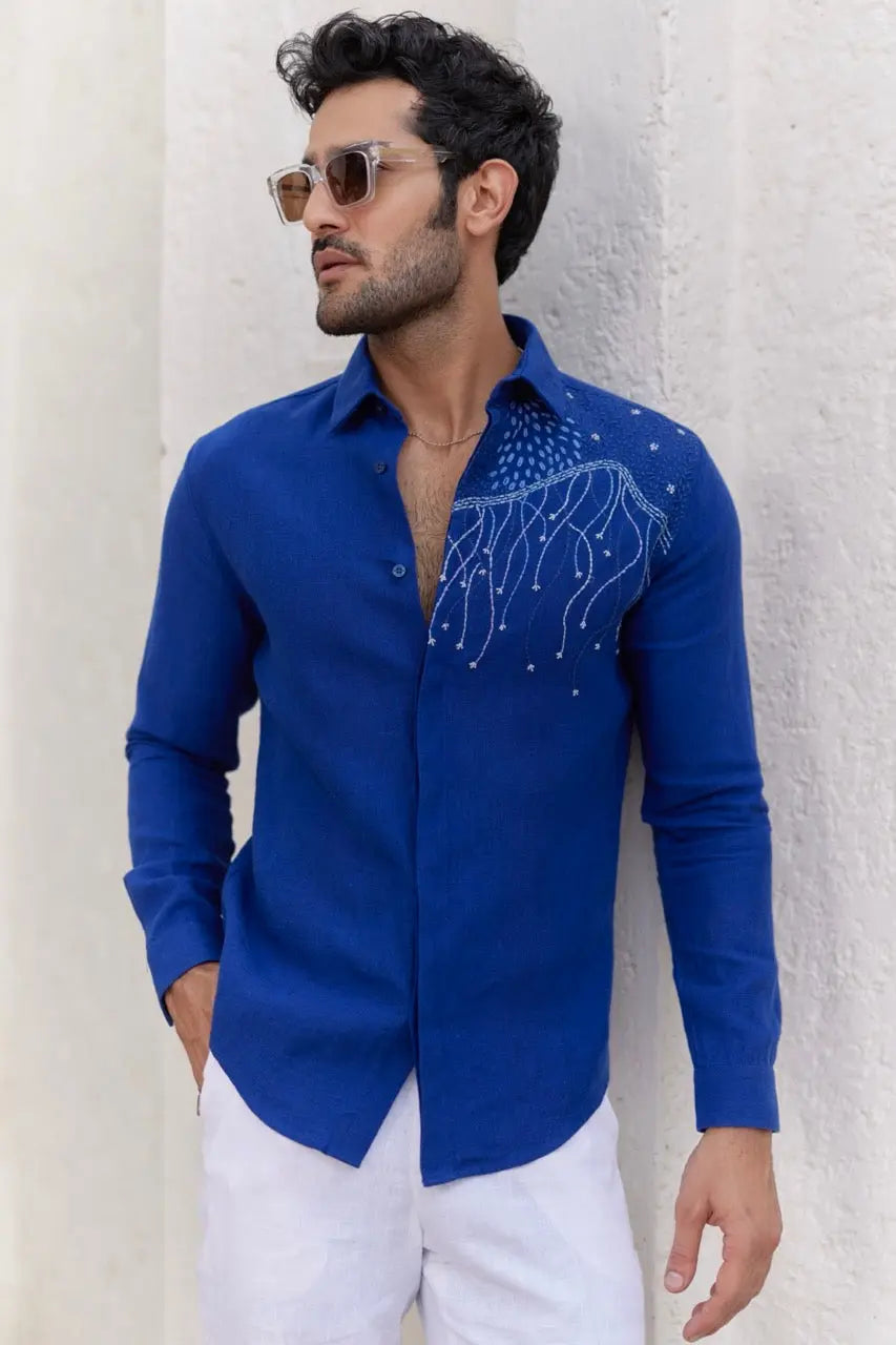 Buy Ultramarine Blue Embroidered Shirt Online