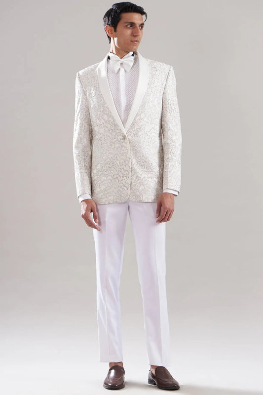 Buy White Cotton Silk Resham Tuxedo Set – Best Quality, Affordable Price