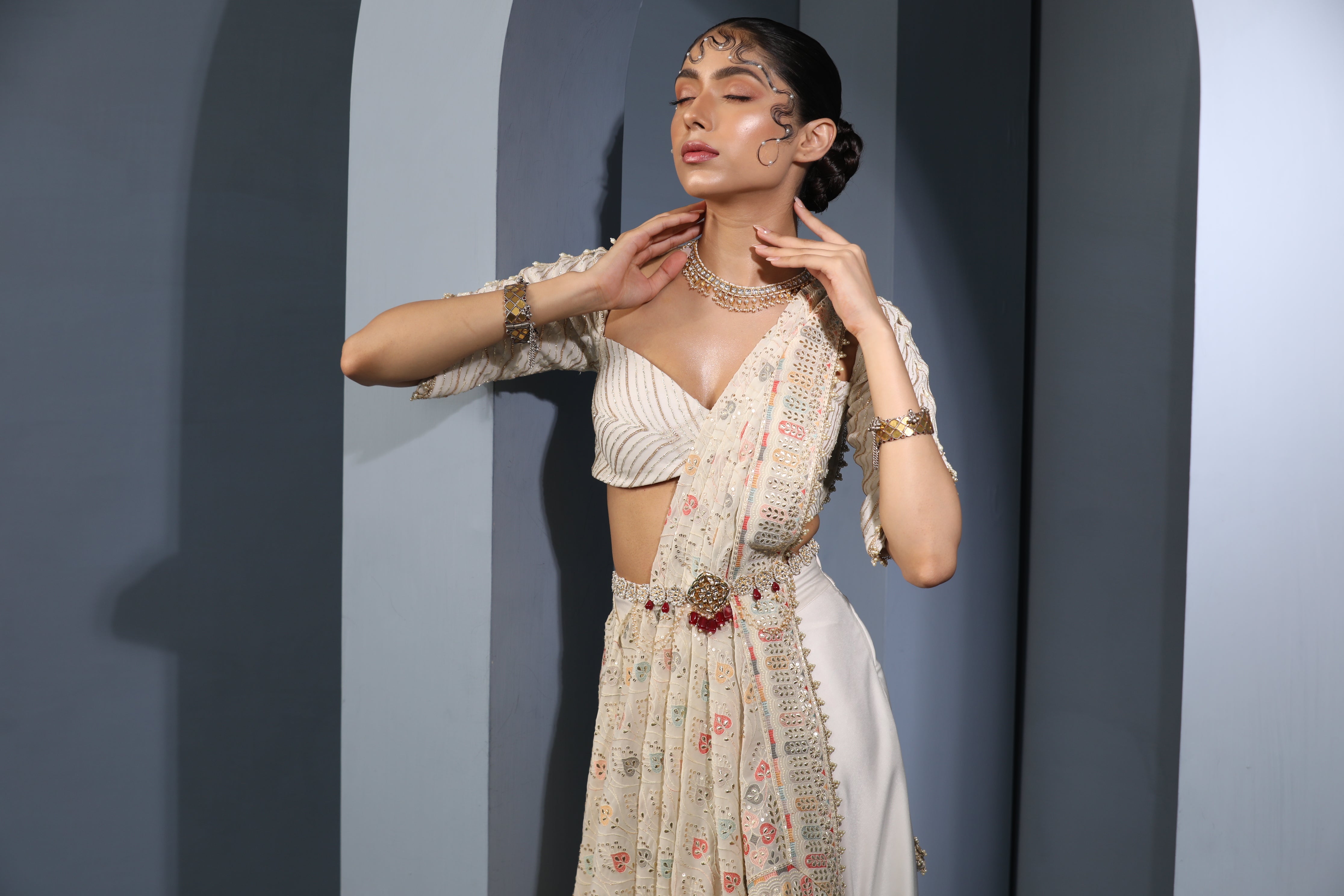 Buy Women's Designer Ivory Floral Draped Saree