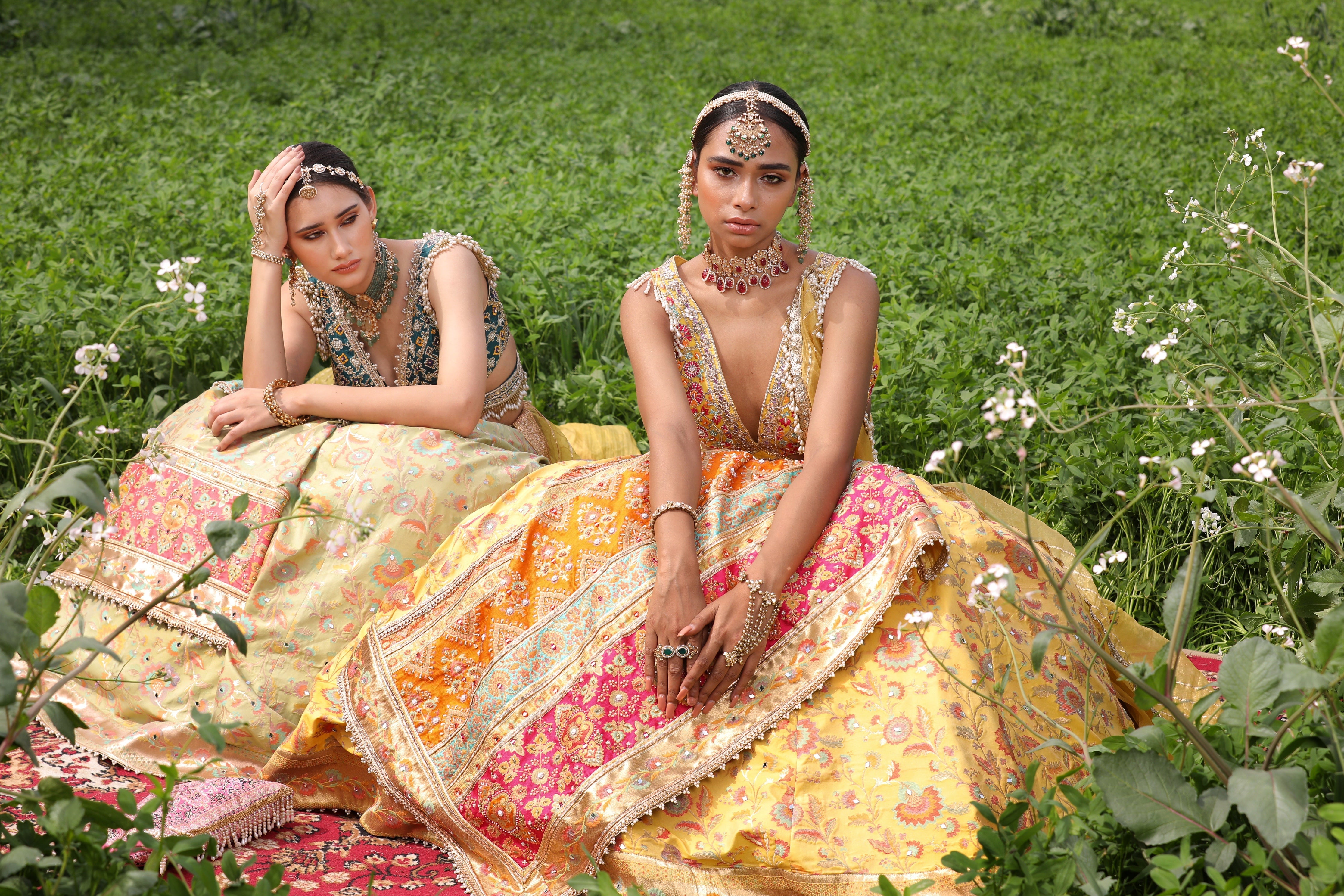 Women's Double Layered Peach Floral Lehenga Set 