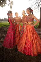 Women's Coral Embroidered Ikat Lehenga Set