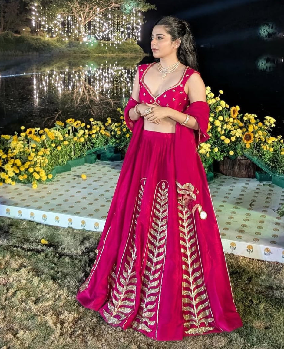 FUSCIA PINK 12 KALI LEAF EMBROIDERED LEHENGA WITH BLOUSE AND DUPATTA- EC-LH-RAHI25-23- FusciaPink