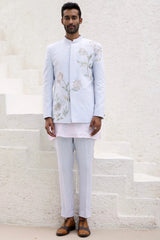 Sky Blue Floral Design Bandhgala with Pink Kurta - Asuka Couture