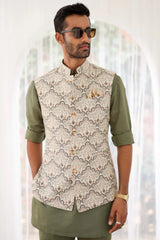 Sage Green Paisley Printed Kurta Bundi Set - Asuka Couture