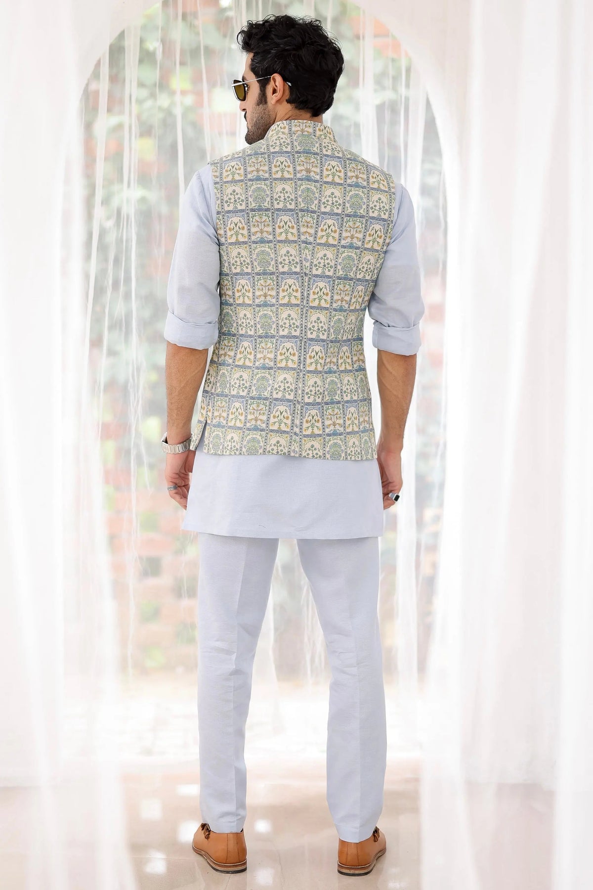 Sky Blue Floral Printed Kurta Bundi Set - Asuka Couture