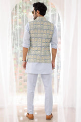 Sky Blue Floral Printed Kurta Bundi Set - Asuka Couture